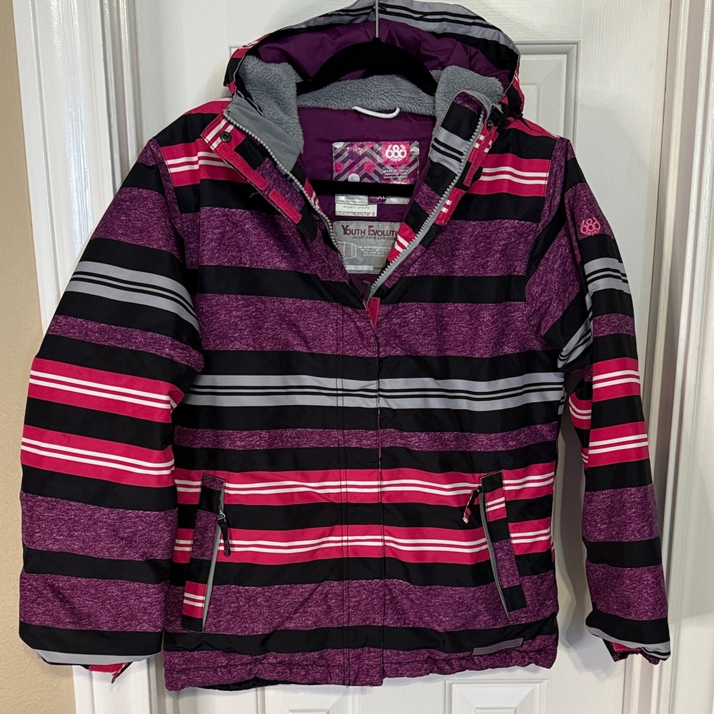 686 Kids Size Youth XL Striped Puffer Ski Jacket - Purple, Black, Pink